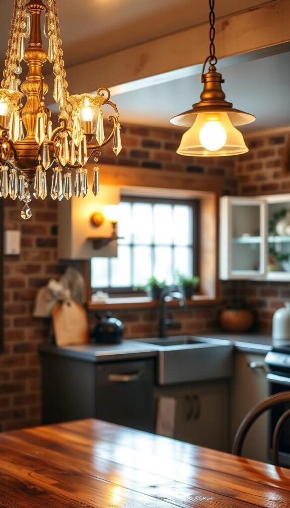 A cozy and well-lit vintage kitchen, featuring a stunning array of traditional lighting fixtures. In the foreground, a pair of ornate brass chandeliers with cascading glass prisms illuminate the wooden kitchen table. The middle ground showcases a wall-mounted sconce with a frosted glass shade, casting a warm glow across the exposed brick walls. In the background, a vintage-inspired pendant light with a bell-shaped metal shade hangs above the kitchen counter, complementing the overall rustic aesthetic. The scene is bathed in a soft, golden light, evoking a timeless and inviting atmosphere perfect for a vintage-inspired kitchen design.