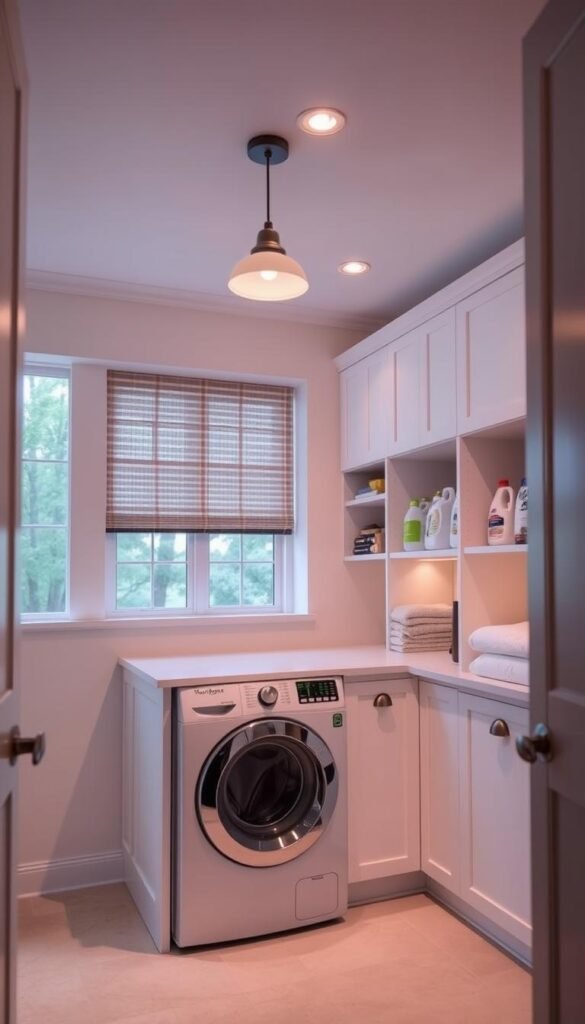 A cozy and well-organized laundry room with a clean, minimalist aesthetic. The foreground features a front-loading washer and dryer set in a sleek, white color scheme, neatly arranged with ample counter space for folding. The middle ground showcases custom built-in storage cabinets and shelves, efficiently storing detergents, fabric softeners, and other laundry essentials. The background reveals a bright, airy space with large windows allowing natural light to flood the room, creating a serene and inviting atmosphere. The lighting is a combination of task-focused pendant fixtures and subtle recessed lighting, casting a warm glow throughout. The overall mood is one of calmness and productivity, reflecting the thoughtful design and layout of this small but functional laundry room.