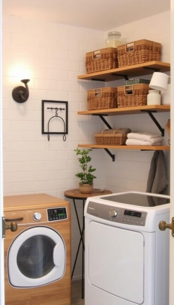 A cozy and well-organized laundry room with a rustic farmhouse aesthetic. In the foreground, a compact stacking washer and dryer with natural wood accents. Above, neat shelving units displaying wicker baskets and jars of laundry essentials. In the middle ground, a quaint folding table with a vintage-inspired metal frame and a potted plant. The background features white subway tile walls, complemented by soft lighting from sconces that cast a warm glow. The room exudes a sense of efficiency and charm, perfect for a small-space makeover on a budget.