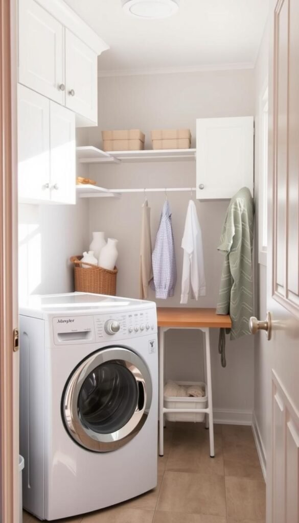 A cozy and well-organized small laundry room with a bright, airy atmosphere. The foreground features a white front-loading washer and dryer set, with ample storage space above in the form of wall-mounted shelves and cabinets. In the middle ground, a folding table or counter provides a functional workspace, complemented by a hanging rod for drying clothes. The background showcases a tiled or laminate floor, complemented by natural light streaming in through a window, creating a sense of openness and efficiency. The overall scene conveys a practical and visually appealing solution for maximizing storage and functionality in a compact laundry area.