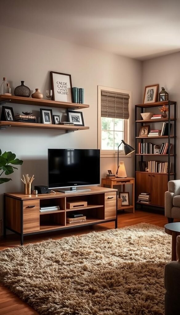 A cozy and well-organized small living room, filled with stylish storage solutions.