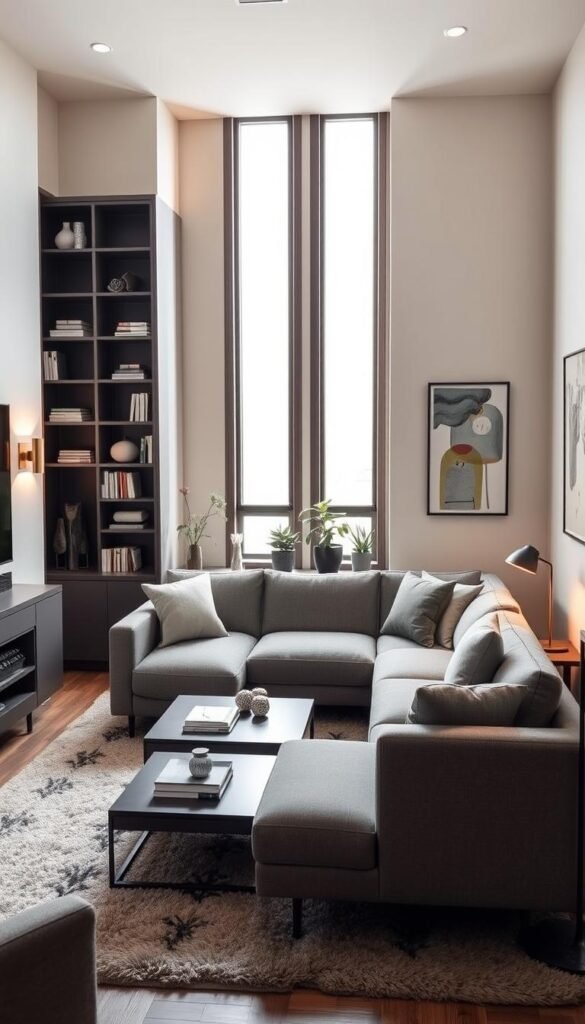 A cozy and well-organized small living room layout, showcasing strategic furniture placement and multifunctional design elements.