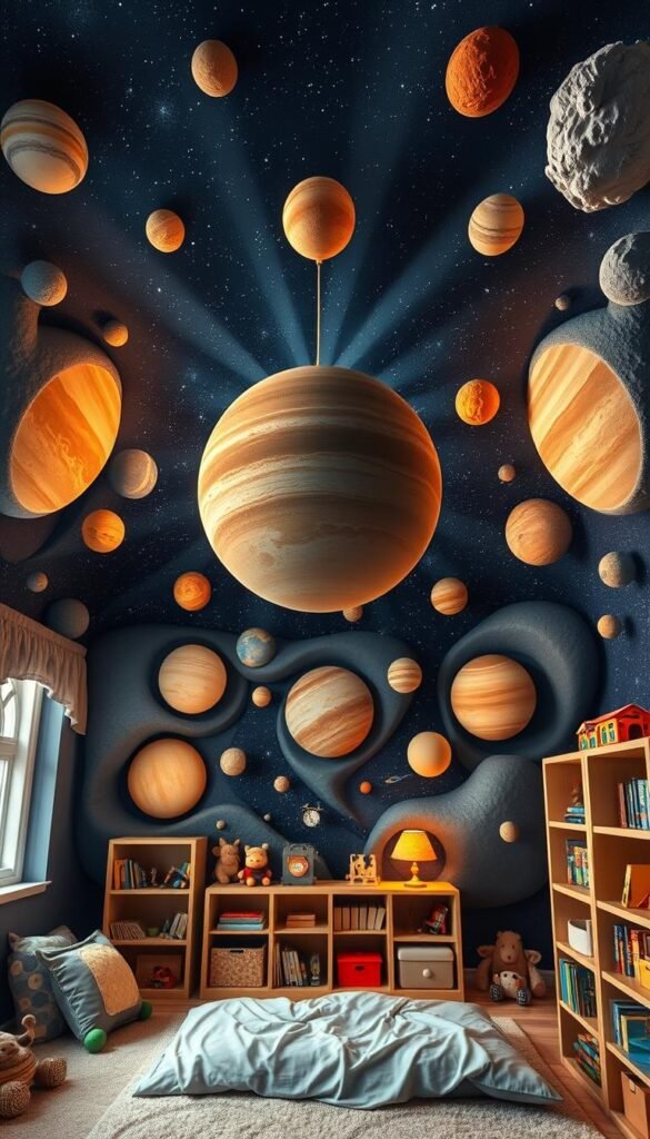 A cozy and whimsical solar system bedroom with a starry night sky overhead. The walls are adorned with 3D planets and moons, each with intricate details and textured surfaces. A large, central planet hangs from the ceiling, casting a warm, ethereal glow across the room. Beams of soft, diffused lighting create a serene, dreamlike atmosphere. Bookshelves and toys are cleverly incorporated into the celestial theme, blending seamlessly with the room's enchanting, out-of-this-world aesthetic. The overall effect is one of wonder and imagination, perfect for inspiring a young mind's exploration of the cosmos. A cozy and whimsical solar system bedroom with a starry night sky overhead. The walls are adorned with 3D planets and moons, each with intricate details and textured surfaces. A large, central planet hangs from the ceiling, casting a warm, ethereal glow across the room. Beams of soft, diffused lighting create a serene, dreamlike atmosphere. Bookshelves and toys are cleverly incorporated into the celestial theme, blending seamlessly with the room's enchanting, out-of-this-world aesthetic. The overall effect is one of wonder and imagination, perfect for inspiring a young mind's exploration of the cosmos.
