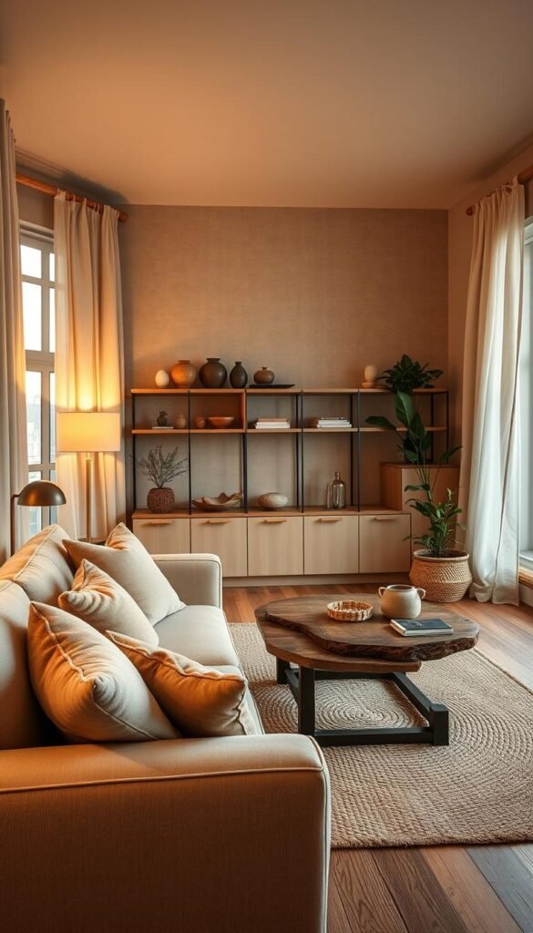A cozy apartment living room with warm, layered textures.