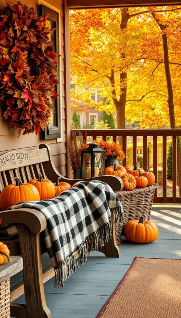 A cozy autumn front porch adorned with a vibrant wreath of fall foliage, rich orange pumpkins, and woven wicker baskets overflowing with colorful gourds. In the foreground, a plush, checkered blanket draped over a sturdy wooden bench invites visitors to pause and take in the seasonal splendor. Warm, golden light filters through the trees, casting a gentle glow over the scene. In the middle ground, a vintage lantern casts a soft, flickering light, complementing the rustic charm. The background features a weathered wooden railing and a glimpse of the changing leaves beyond, creating a harmonious and inviting autumnal atmosphere.