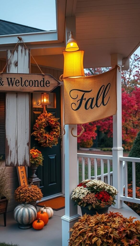 A cozy autumn front porch adorned with an array of charming signs and banners. In the foreground, a vintage wooden sign hangs from the porch railing, its distressed lettering reading "Welcome Friends." Beside it, a burlap banner featuring an elegant calligraphic "Fall" sways gently in the crisp breeze. The middle ground showcases a mix of seasonal decor - pumpkins, mums, and a wreath of dried leaves and berries frame the doorway. Warm, soft lighting illuminates the scene, casting a welcoming glow and highlighting the rustic, inviting atmosphere. In the background, a lush autumnal landscape provides a picturesque backdrop, with vibrant hues of red, orange, and gold creating a serene, autumnal ambiance. A cozy autumn front porch adorned with an array of charming signs and banners. In the foreground, a vintage wooden sign hangs from the porch railing, its distressed lettering reading "Welcome Friends." Beside it, a burlap banner featuring an elegant calligraphic "Fall" sways gently in the crisp breeze. The middle ground showcases a mix of seasonal decor - pumpkins, mums, and a wreath of dried leaves and berries frame the doorway. Warm, soft lighting illuminates the scene, casting a welcoming glow and highlighting the rustic, inviting atmosphere. In the background, a lush autumnal landscape provides a picturesque backdrop, with vibrant hues of red, orange, and gold creating a serene, autumnal ambiance.