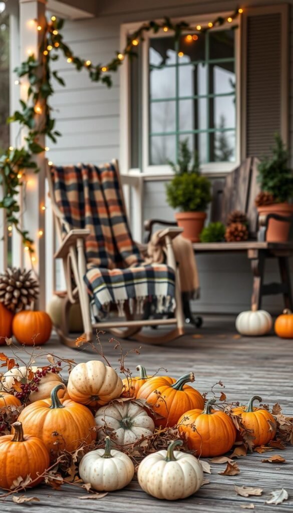 A cozy autumn front porch adorned with whimsical decorations. In the foreground, a cluster of pumpkins and gourds in warm hues spill across the wooden floor, accented by delicate garlands of dried leaves and berries. In the middle ground, a rocking chair draped with a soft plaid blanket invites guests to sit and savor the season. Behind it, the porch's railings are wrapped in vines of ivy and fairy lights that cast a gentle, golden glow. In the background, a weathered wooden bench holds an arrangement of potted plants and oversized pinecones. The entire scene exudes a sense of rustic charm and seasonal delight. A cozy autumn front porch adorned with whimsical decorations. In the foreground, a cluster of pumpkins and gourds in warm hues spill across the wooden floor, accented by delicate garlands of dried leaves and berries. In the middle ground, a rocking chair draped with a soft plaid blanket invites guests to sit and savor the season. Behind it, the porch's railings are wrapped in vines of ivy and fairy lights that cast a gentle, golden glow. In the background, a weathered wooden bench holds an arrangement of potted plants and oversized pinecones. The entire scene exudes a sense of rustic charm and seasonal delight.