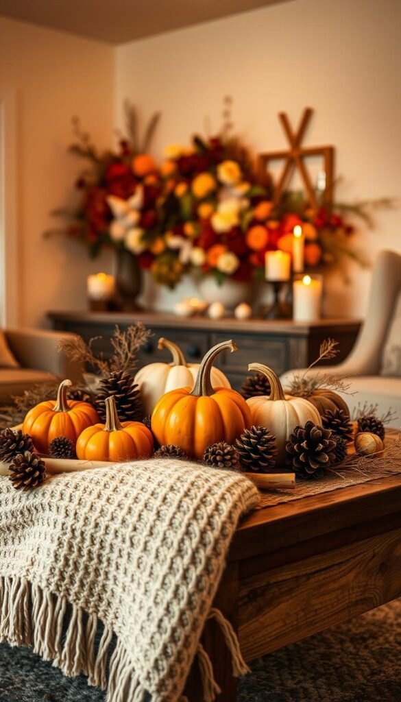 A cozy autumn-inspired coffee table styled with natural elements.