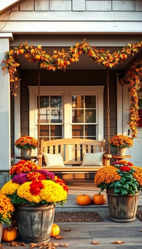 A cozy autumn porch adorned with seasonal decor. In the foreground, a rustic wooden bench flanked by large planters overflowing with vibrant mums and pumpkins. In the middle, a wooden swing suspended from the porch ceiling, its cushions in warm autumnal hues. Trailing vines and garlands of fall foliage draped elegantly across the porch railings. The background features a quaint, weathered farmhouse facade, with large windows and a charming front door. The lighting is soft and golden, casting a inviting glow across the scene. The overall mood is one of welcoming comfort and timeless seasonal charm.