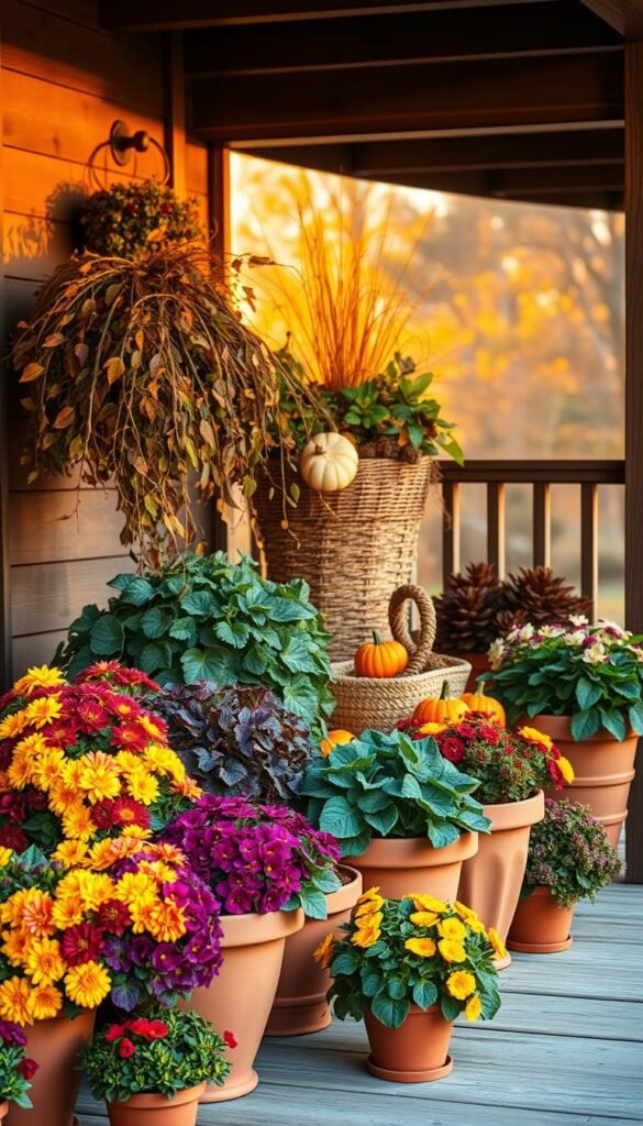 A cozy autumn scene with a rustic wooden porch, adorned with an assortment of vibrant seasonal planters. The foreground features a collection of terra cotta pots overflowing with mums, pansies, and ornamental kale in rich autumnal hues. In the middle ground, a pair of decorative planters brimming with trailing vines and cascading foliage, accented by a woven basket filled with gourds and pinecones. The background showcases a warm, golden-hour lighting that casts a gentle glow over the entire setting, creating a welcoming and inviting atmosphere. The composition is framed by the porch's wooden beams and railings, lending a sense of coziness and charm to the overall image. A cozy autumn scene with a rustic wooden porch, adorned with an assortment of vibrant seasonal planters. The foreground features a collection of terra cotta pots overflowing with mums, pansies, and ornamental kale in rich autumnal hues. In the middle ground, a pair of decorative planters brimming with trailing vines and cascading foliage, accented by a woven basket filled with gourds and pinecones. The background showcases a warm, golden-hour lighting that casts a gentle glow over the entire setting, creating a welcoming and inviting atmosphere. The composition is framed by the porch's wooden beams and railings, lending a sense of coziness and charm to the overall image.