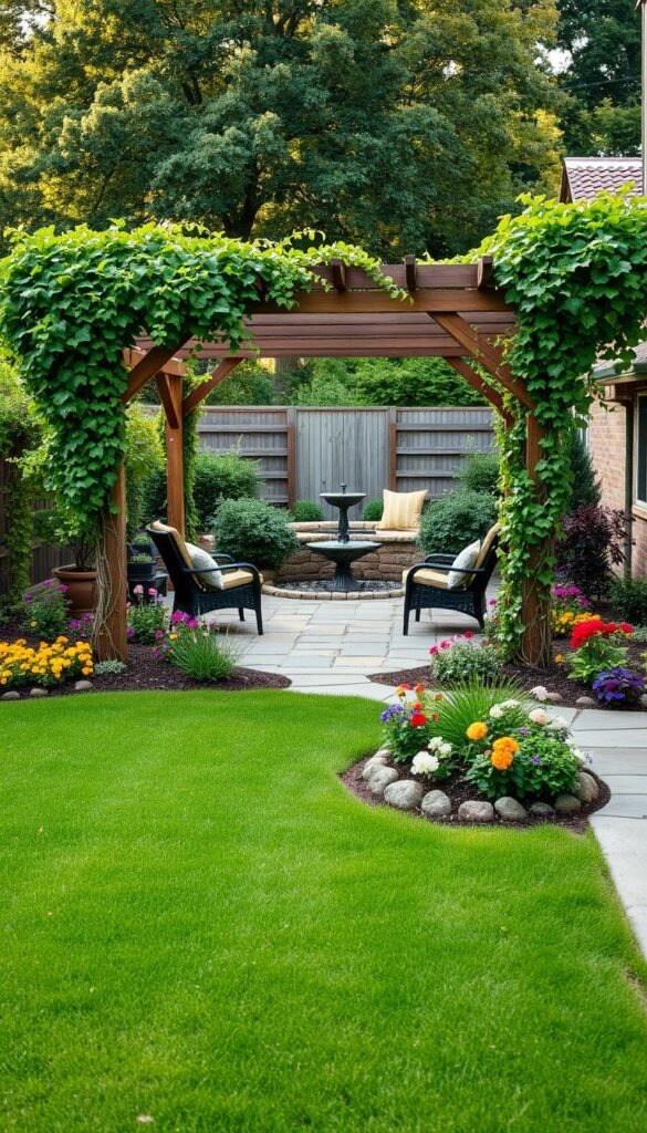 A cozy backyard oasis featuring a neatly landscaped garden with a charming stone patio. In the foreground, a lush, vibrant lawn with strategically placed garden beds overflowing with a variety of colorful flowers and lush foliage. In the middle ground, a well-designed wooden pergola with trailing vines creates a shaded seating area, providing a multi-functional space for relaxation and al fresco dining. Toward the back, a tranquil water feature, such as a small pond or fountain, adds a soothing ambiance. The scene is bathed in warm, natural lighting, captured with a wide-angle lens to showcase the depth and balance of the composition. The overall atmosphere is one of a harmonious, inviting, and well-thought-out backyard retreat.