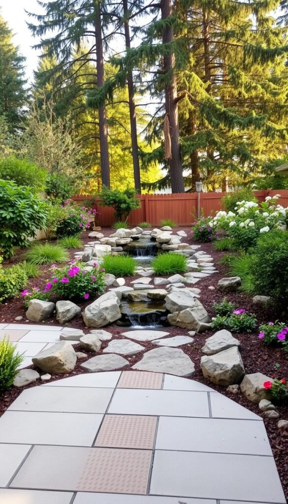 A cozy backyard oasis with a harmonious blend of natural and man-made elements. In the foreground, a well-designed patio features smooth concrete pavers interspersed with strategically placed river rocks, creating a visually appealing and functional hardscaping layout. Lush, verdant shrubs and flowering plants frame the edges, adding pops of color and softening the boundaries. The middle ground showcases a tranquil water feature, perhaps a small fountain or a recirculating stream, its gentle sounds providing a soothing ambiance. Towering trees in the background cast a warm, natural glow over the entire scene, creating a serene and inviting atmosphere, perfect for relaxation and outdoor entertaining.