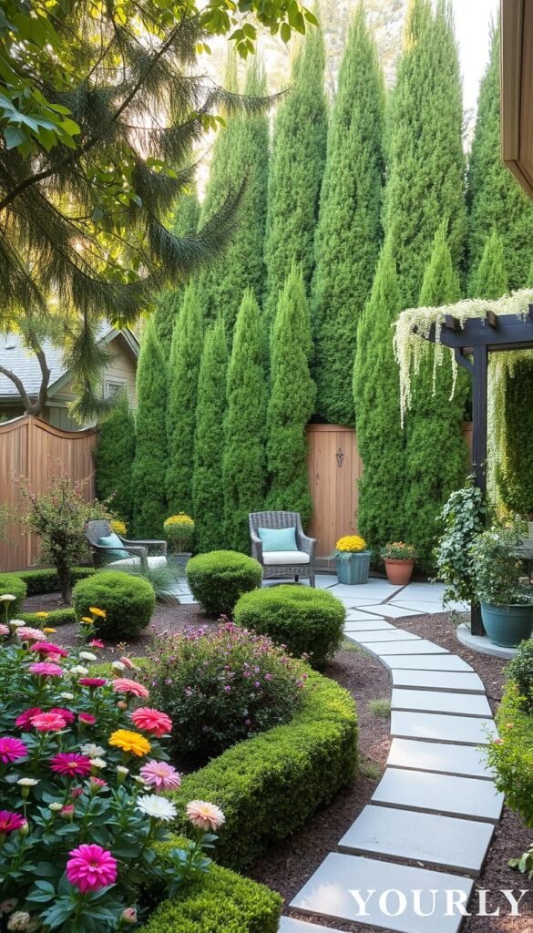 A cozy backyard oasis with a lush, private landscape. In the foreground, a well-manicured garden showcases vibrant flowers and neatly trimmed bushes, creating a serene atmosphere. In the middle ground, a stone pathway winds through the space, leading to a secluded seating area shaded by a pergola draped with cascading vines. In the background, a wooden fence is partially obscured by a row of tall, densely-planted evergreen trees, blocking unwanted views and providing a natural sense of enclosure. Warm, diffused sunlight filters through the foliage, casting a soft, inviting glow throughout the scene. The overall composition emphasizes intimacy, tranquility, and a harmonious integration of nature and human-made elements.