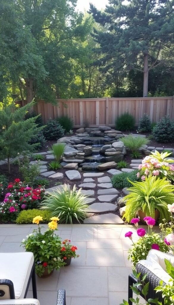 A cozy backyard oasis with a lush, well-manicured landscape. In the foreground, a serene stone patio with plush outdoor furniture, surrounded by a variety of vibrant flowering plants and neatly trimmed shrubs. The middle ground features a meandering stone path leading to a small, tranquil water feature, with gentle cascading waterfalls. In the background, a wooden fence is partially obscured by a mix of mature trees, casting a soft, dappled light across the scene. The overall atmosphere is one of peaceful relaxation, inviting the viewer to imagine themselves enjoying this beautifully designed outdoor space. A cozy backyard oasis with a lush, well-manicured landscape. In the foreground, a serene stone patio with plush outdoor furniture, surrounded by a variety of vibrant flowering plants and neatly trimmed shrubs. The middle ground features a meandering stone path leading to a small, tranquil water feature, with gentle cascading waterfalls. In the background, a wooden fence is partially obscured by a mix of mature trees, casting a soft, dappled light across the scene. The overall atmosphere is one of peaceful relaxation, inviting the viewer to imagine themselves enjoying this beautifully designed outdoor space.