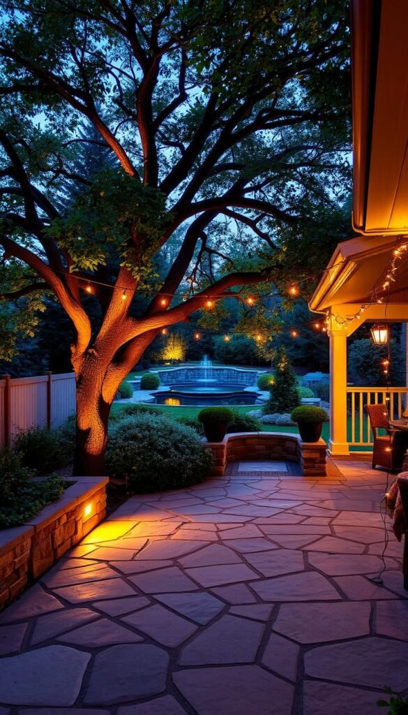 A cozy backyard oasis, with a stylish stone patio and lush, well-manicured landscaping. Warm, ambient lighting casts a soft glow, accentuating the intricate stone patterns and vibrant foliage. Strategically placed uplights illuminate the canopy of a majestic tree, creating a magical, fairy-tale-like atmosphere. Delicate string lights intertwine along the patio railings, adding a touch of whimsy. In the distance, a tranquil water feature reflects the warm lighting, creating a serene, soothing ambiance. The overall scene exudes a sense of relaxation and invites the viewer to linger and enjoy the captivating backyard retreat.