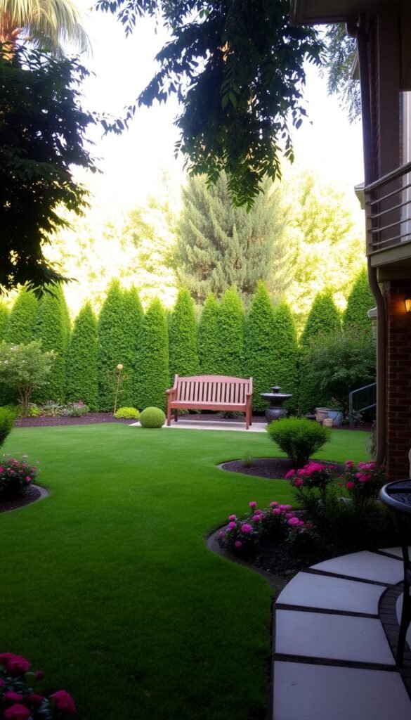 A cozy backyard oasis with a well-manicured lawn, dotted with vibrant flower beds and neatly trimmed shrubs. In the middle ground, a small, inviting patio with a wooden bench and a simple yet elegant water feature. The background showcases a lush, verdant tree line, creating a sense of privacy and tranquility. Warm, soft lighting illuminates the scene, casting a gentle glow and highlighting the textures of the natural elements. The overall composition conveys a harmonious and serene atmosphere, suitable for quiet contemplation or casual entertaining.