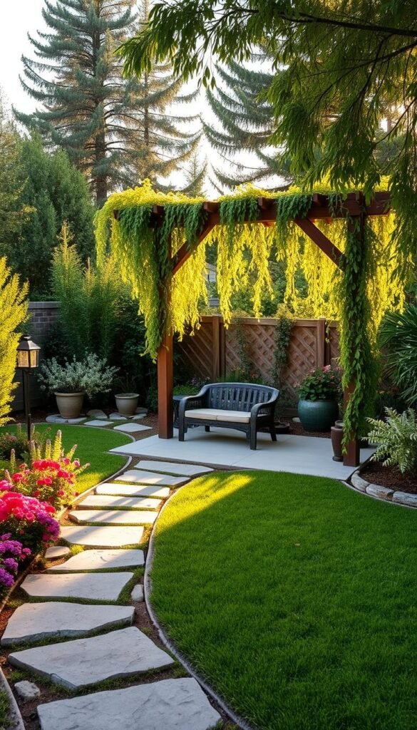 A cozy backyard oasis with lush greenery and natural textures. In the foreground, a well-manicured lawn adorned with vibrant flowers and a stone pathway leading to a quaint seating area. In the middle ground, a charming wooden pergola draped in cascading vines casts gentle shadows. The background features a mix of tall, swaying trees and shrubs, creating a sense of privacy and tranquility. Warm, golden sunlight filters through the foliage, illuminating the scene with a serene, inviting atmosphere. The overall composition evokes a budget-friendly, low-maintenance landscaping solution that caters to one's personal needs and preferences.