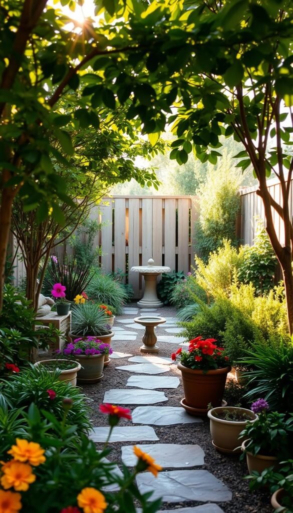 A cozy backyard oasis with lush greenery, decorative pots, and a stone pathway leading to a charming seating area. Warm sunlight filters through the trees, casting a gentle glow over the scene. In the foreground, vibrant flowers and neatly trimmed shrubs frame the view. The middle ground features a small water feature or birdbath, adding a soothing ambiance. In the background, a simple wooden fence or trellis provides a natural boundary, complementing the organic nature of the landscape. The overall atmosphere is one of relaxation and budget-friendly, low-maintenance beauty. A cozy backyard oasis with lush greenery, decorative pots, and a stone pathway leading to a charming seating area. Warm sunlight filters through the trees, casting a gentle glow over the scene. In the foreground, vibrant flowers and neatly trimmed shrubs frame the view. The middle ground features a small water feature or birdbath, adding a soothing ambiance. In the background, a simple wooden fence or trellis provides a natural boundary, complementing the organic nature of the landscape. The overall atmosphere is one of relaxation and budget-friendly, low-maintenance beauty.