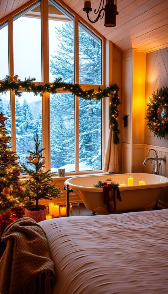 A cozy bedroom with a lush, snow-covered landscape visible through large windows.