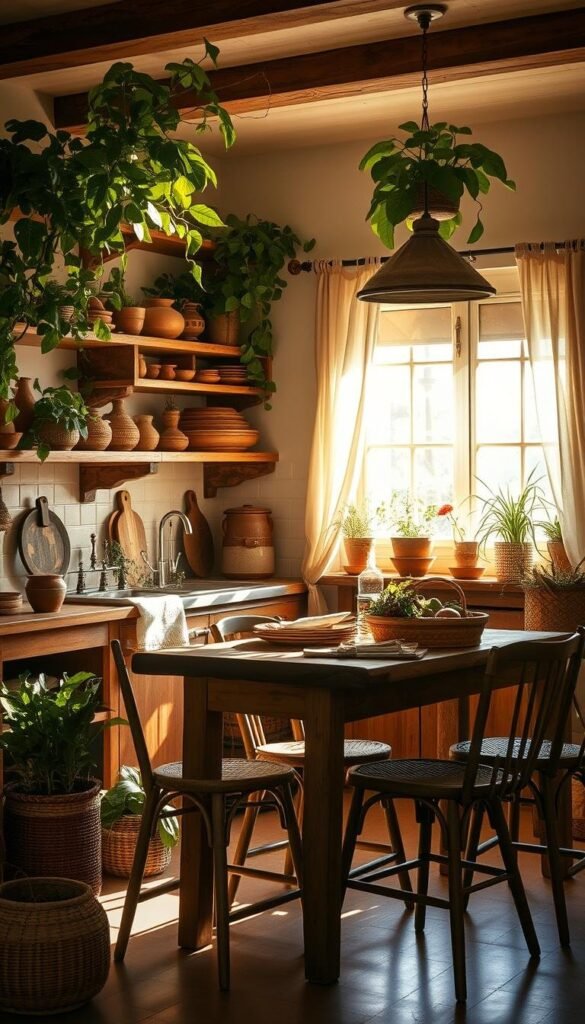 A cozy bohemian kitchen, sun-drenched and alive with natural textures. Lush potted plants adorn the windowsill, their verdant leaves casting dancing shadows. Rustic wooden shelves display an array of earthenware, each piece a handcrafted masterpiece. Woven baskets overflow with fresh produce, their organic shapes complementing the rough-hewn table and mismatched chairs. Warm, golden light filters through sheer curtains, creating a serene, inviting ambiance. The air is imbued with the aroma of herbs and spices, a symphony of earthy fragrances. This kitchen embraces the beauty of the natural world, where form and function harmonize in a captivating display of bohemian charm.