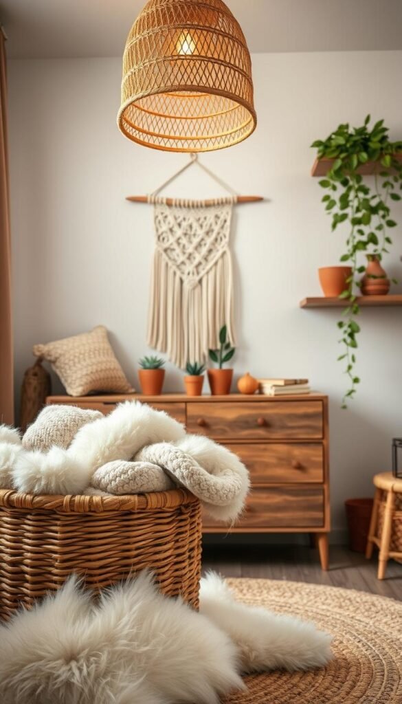 A cozy boho boy's nursery with natural, earthy materials. In the foreground, a woven basket overflows with plush sheepskins and chunky knit blankets. In the middle ground, a rattan pendant light casts a warm glow over a wooden dresser adorned with a macrame wall hanging and terracotta planters. In the background, a lush, trailing plant cascades from a floating shelf, complementing the organic textures and tones throughout the space. Soft, diffused lighting creates a serene, inviting atmosphere. Photographed with a wide-angle lens to capture the full scene.