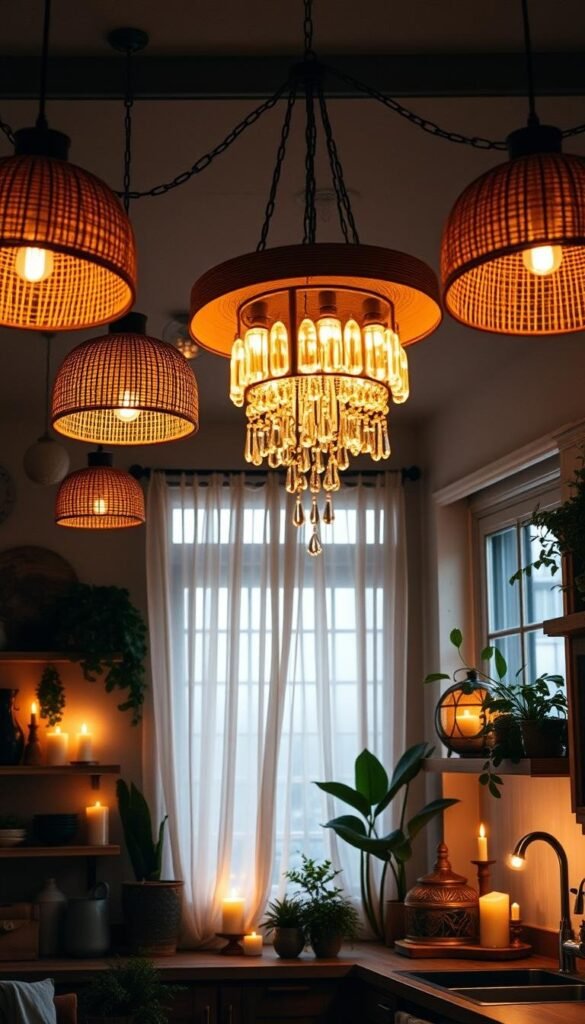 A cozy boho-inspired kitchen bathed in warm, ambient lighting. Clusters of rustic pendant lamps with natural rattan or woven shades hang from the ceiling, casting a soft, diffused glow over the space. A large, statement chandelier with cascading glass or crystal elements takes center stage, complementing the eclectic decor. Candles flicker on shelves and windowsills, creating a sense of coziness and intimacy. Sheer, flowing curtains filter the natural light, infusing the room with a dreamy, romantic atmosphere. Earthy tones, natural textures, and plants throughout the space enhance the boho-chic aesthetic, making this kitchen a haven of relaxed, bohemian charm.