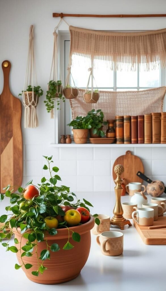 A cozy boho kitchen counter, adorned with an assortment of handcrafted accessories. In the foreground, a terracotta plant pot with trailing greenery, a woven basket filled with seasonal fruits, and a set of mismatched ceramic mugs in earthy tones. The middle ground features a vintage brass candlestick, a wooden cutting board, and a collection of artisanal spice jars. The background showcases a windowsill with macrame plant hangers, a woven tapestry, and a few worn leather-bound books. The scene is bathed in warm, natural lighting, casting a soft, inviting glow throughout the space, evoking a sense of rustic charm and personal expression.