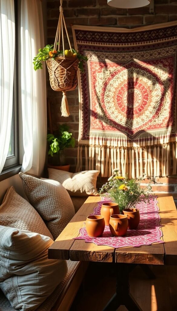 A cozy boho kitchen nook, bathed in warm, natural light filtering through sheer curtains. In the foreground, an eclectic arrangement of textured pillows, a hanging macrame plant holder, and a woven basket brimming with fresh produce. The middle ground features a rustic wooden table topped with a vibrant patterned tablecloth, complemented by a cluster of earthenware mugs and a bouquet of wildflowers. The background showcases a weathered brick wall adorned with an artfully-hung tapestry, casting a soothing, bohemian ambiance throughout the space. Soft shadows play across the surfaces, highlighting the layered textures and organic materials that embody the essence of a boho-inspired kitchen.