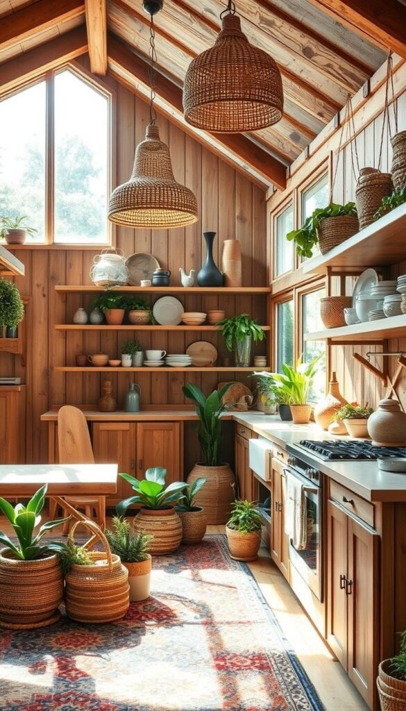 A cozy boho kitchen with rustic wooden cabinetry, natural textures, and earthy tones. Hanging rattan light fixtures cast a warm glow over the space. A colorful patterned rug and eclectic mix of potted plants bring a touch of bohemian flair. Sunlight streams in through large windows, illuminating the space with a soft, diffused light. Vintage-inspired ceramic dishware and handwoven baskets adorn the open shelves, complementing the overall relaxed and inviting atmosphere. The kitchen radiates a sense of eclectic charm and artisanal authenticity.