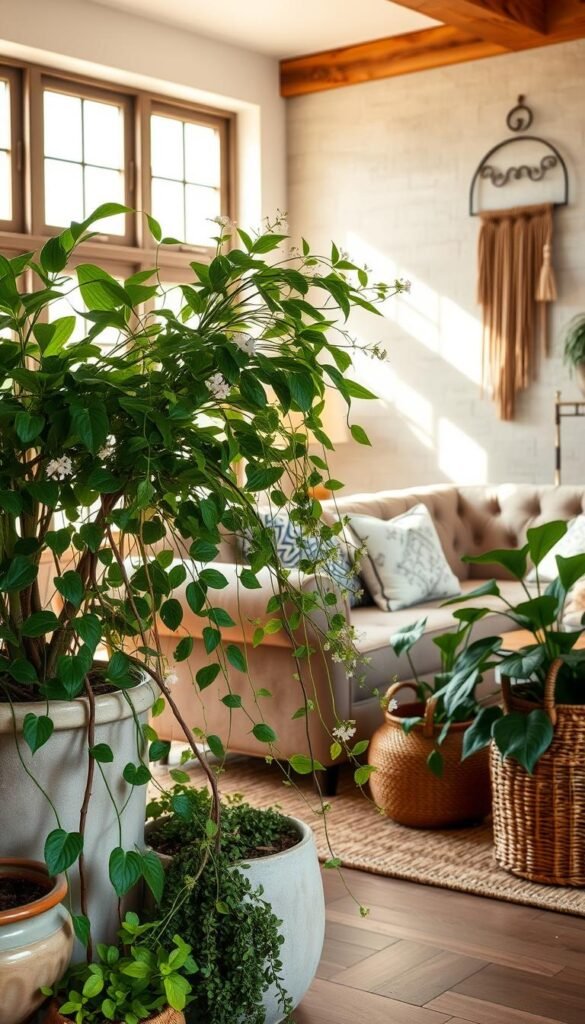 A cozy boho living room, bathed in warm, natural light filtering through large windows.