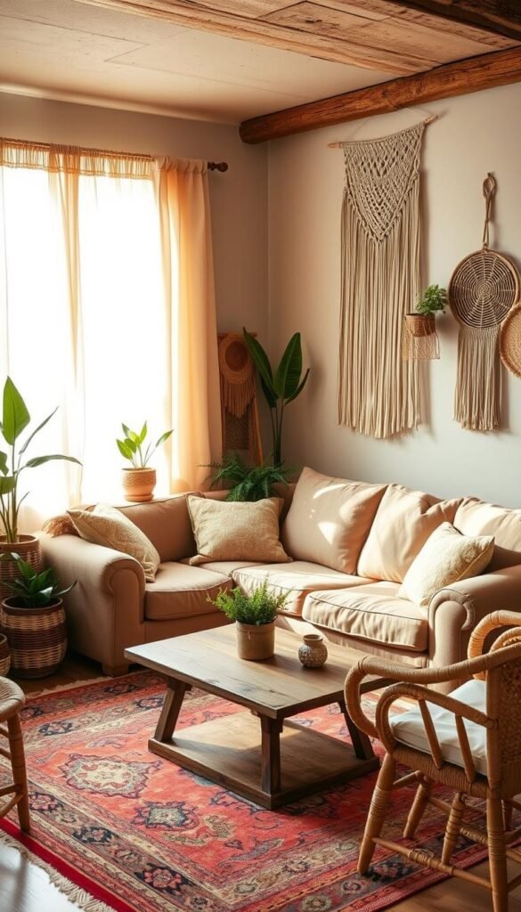 A cozy, budget-friendly boho living room with a rustic, earthy aesthetic.