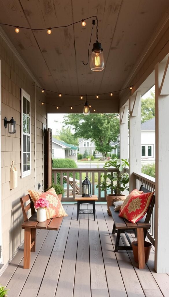 A cozy, budget-friendly front porch with a welcoming farmhouse aesthetic. In the foreground, a rustic wooden bench adorned with colorful patterned cushions invites guests to sit and relax. Hanging from the porch ceiling, simple yet charming string lights cast a warm, ambient glow. The middle ground features potted plants and a small side table with a decorative lantern, adding natural elements to the scene. In the background, the porch's weathered wooden beams and railings frame a picturesque view of a quaint suburban neighborhood. The overall atmosphere is one of casual, inviting comfort, perfect for enhancing the curb appeal of a modest home. A cozy, budget-friendly front porch with a welcoming farmhouse aesthetic. In the foreground, a rustic wooden bench adorned with colorful patterned cushions invites guests to sit and relax. Hanging from the porch ceiling, simple yet charming string lights cast a warm, ambient glow. The middle ground features potted plants and a small side table with a decorative lantern, adding natural elements to the scene. In the background, the porch's weathered wooden beams and railings frame a picturesque view of a quaint suburban neighborhood. The overall atmosphere is one of casual, inviting comfort, perfect for enhancing the curb appeal of a modest home.