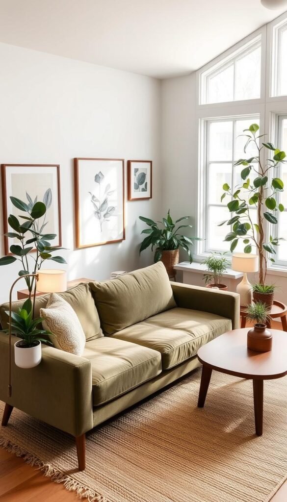 A cozy, budget-friendly organic modern living room with natural textures and earthy tones.