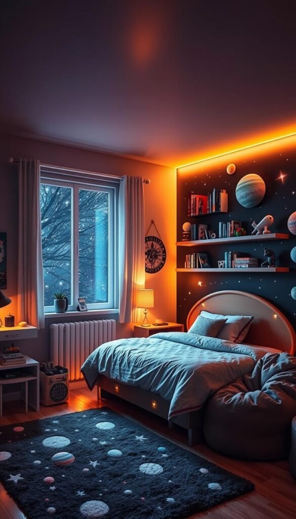A cozy budget space bedroom with a DIY rocket ship bed, glow-in-the-dark planets and stars on the walls, a floating bookshelf of sci-fi novels, and a small desk with a futuristic lamp. Warm ambient lighting creates a dreamlike atmosphere, while the open window reveals a night sky twinkling with distant galaxies. A plush space-themed rug and a beanbag chair complete the scene, inviting young space explorers to embark on imaginative adventures. A cozy budget space bedroom with a DIY rocket ship bed, glow-in-the-dark planets and stars on the walls, a floating bookshelf of sci-fi novels, and a small desk with a futuristic lamp. Warm ambient lighting creates a dreamlike atmosphere, while the open window reveals a night sky twinkling with distant galaxies. A plush space-themed rug and a beanbag chair complete the scene, inviting young space explorers to embark on imaginative adventures.