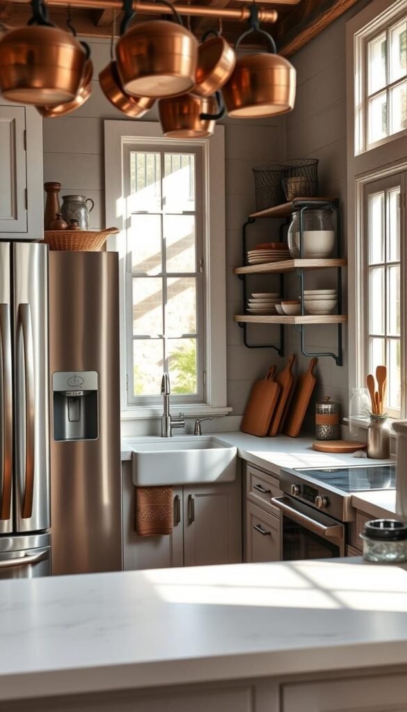 A cozy cottage kitchen filled with modern, energy-efficient appliances in a soft, muted color palette. Gleaming stainless steel refrigerator, sleek induction cooktop, and convection oven with brushed metal accents. Complemented by a farmhouse-style sink, wooden cutting boards, and decorative copper pots hanging overhead. Natural light streams in through large windows, casting a warm glow on the scene. The appliances are seamlessly integrated into the rustic, vintage-inspired cabinetry and shelving, creating a harmonious, inviting atmosphere.