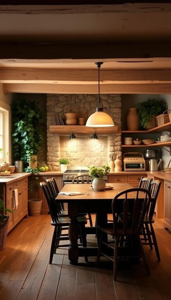 A cozy cottage kitchen with natural, rustic materials. Warm, soft lighting casts a gentle glow over a wooden farmhouse table surrounded by simple chairs. Exposed ceiling beams and a stone fireplace in the background create a welcoming, charming atmosphere. Lush greenery and natural textures, such as woven baskets and wooden shelves, add warmth and coziness. The overall scene reflects the quintessential character of a traditional cottage kitchen, with an emphasis on natural materials and a lived-in, inviting ambiance.