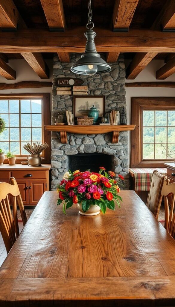 A cozy country kitchen with rustic design elements. In the foreground, a farmhouse-style wooden table surrounded by distressed wooden chairs, with a centerpiece of fresh flowers. In the middle ground, a stone fireplace with a mantel displaying antique trinkets and cookbooks. The background features exposed wooden beams, vintage light fixtures, and a window overlooking a lush, bucolic landscape. The scene is bathed in warm, natural lighting, creating a inviting and homely atmosphere. The overall composition emphasizes the benefits of a rustic kitchen - a gathering place for family and friends, a connection to the natural world, and a reflection of timeless, handcrafted design.