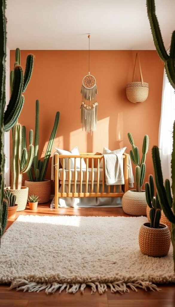 A cozy desert-inspired nursery with an earthy color palette. In the foreground, a plush, neutral-toned rug covers the hardwood floor, inviting little feet to explore. Framing the space, tall cacti and potted succulents create a natural, arid ambiance. Midground, a wooden crib with woven accents sits beneath a dreamcatcher-inspired mobile, casting soft shadows. The walls are painted in a warm, terracotta hue, complemented by textured throw pillows and a woven hanging basket. Soft, diffused lighting filters through sheer curtains, evoking a serene, sun-dappled atmosphere. Overall, the scene exudes a calming, organic feel that perfectly suits a cozy, boho-inspired nursery.