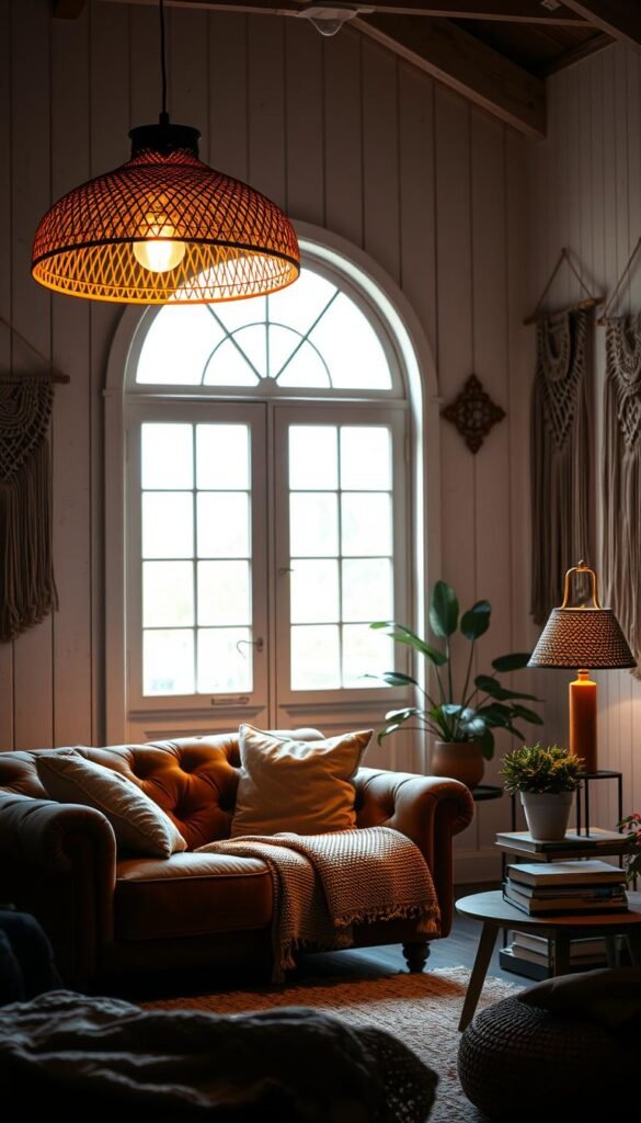 A cozy, dimly lit boho-inspired living room with warm, inviting lighting.