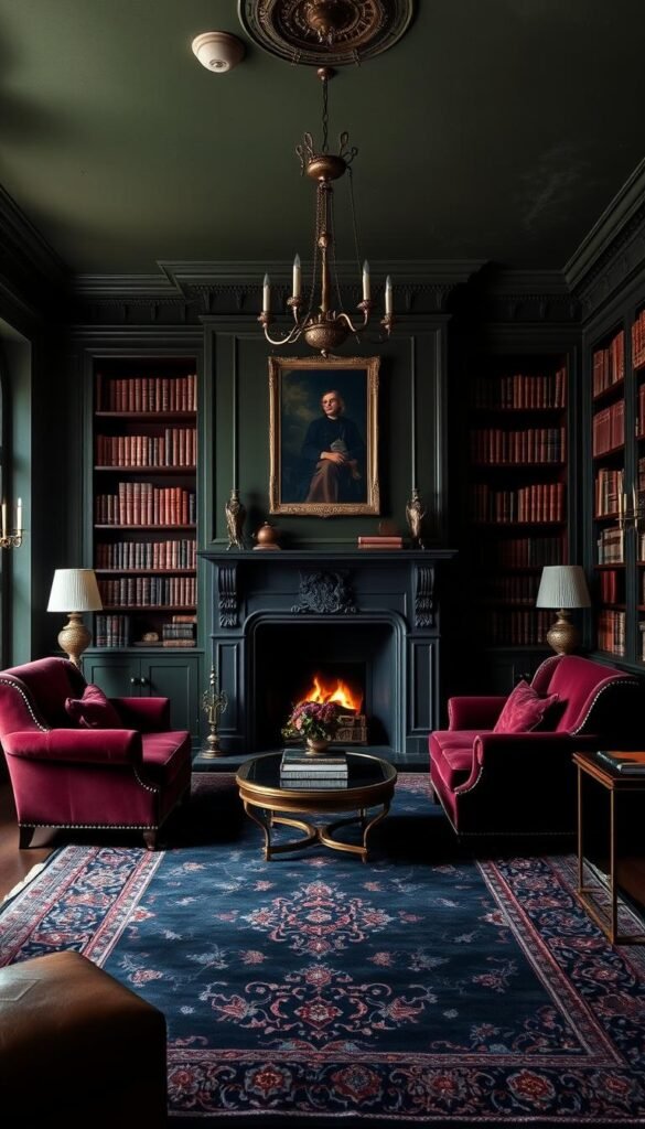 A cozy, dimly lit living room with rich, moody tones.
