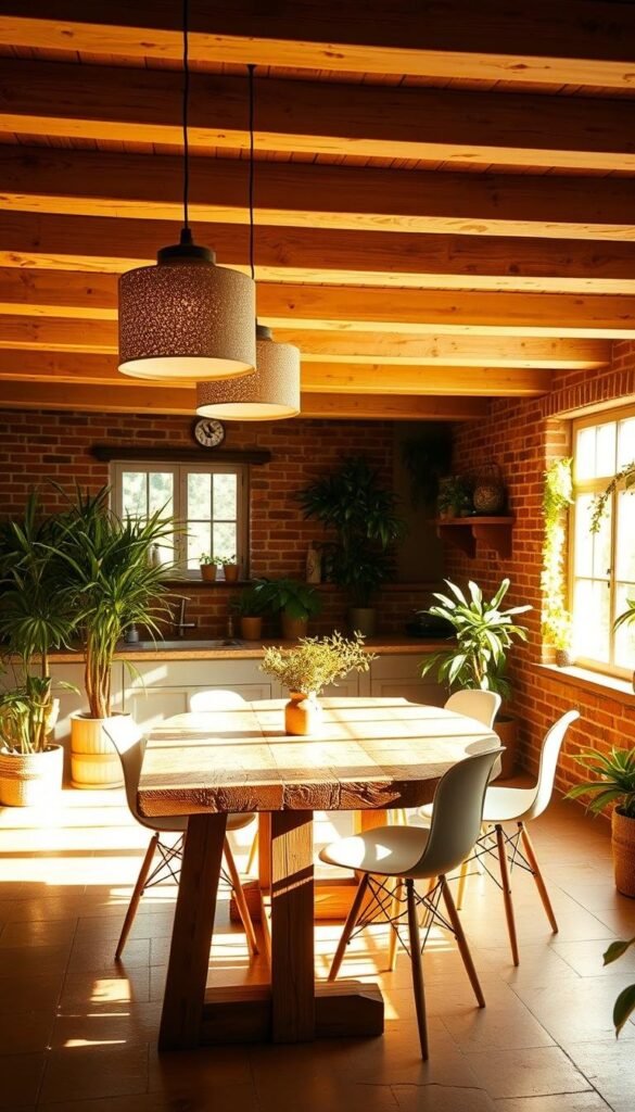 A cozy, earthy kitchen bathed in warm, natural lighting. Soft, golden glow from pendant lamps with textured, ceramic shades casting a gentle ambiance. Exposed wooden beams overhead, complemented by rustic brick walls and earth-toned tiles underfoot. Lush, verdant plants scattered throughout, adding pops of fresh greenery. Sunlight filters in through large windows, illuminating a well-worn, wooden kitchen table surrounded by simple, modern chairs. An inviting, harmonious space that celebrates the beauty of natural materials and elements.