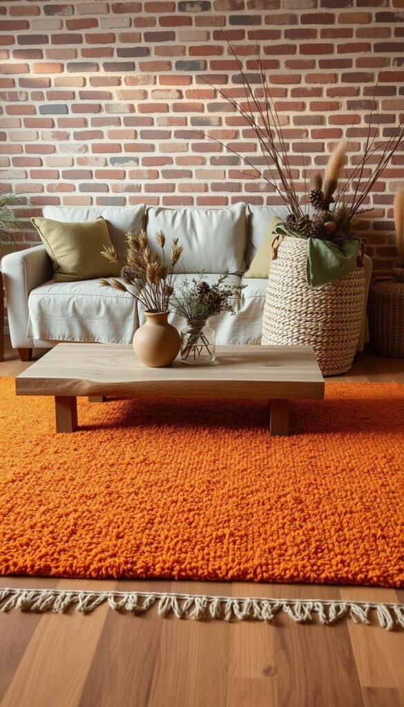 A cozy, earthy living room filled with natural textures and materials.