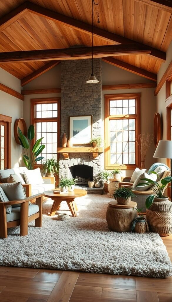 A cozy, earthy living room with warm, natural lighting filtering through large windows.
