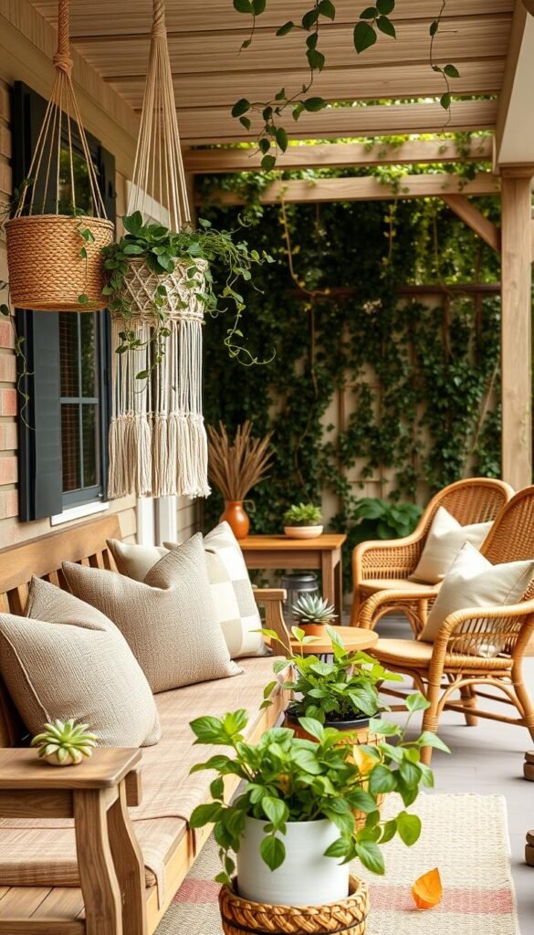 A cozy, eco-friendly front porch with a warm, inviting atmosphere. The foreground features a wooden bench adorned with lush, natural-fiber cushions and a woven macrame hanging planter cascading with trailing vines. The middle ground showcases potted succulents, a rustic wooden side table, and a wicker chair with an organic-looking throw pillow. In the background, the porch is framed by a trellis draped with climbing ivy, creating a sense of biophilic harmony. Soft, diffused natural lighting filters through the foliage, casting a soothing glow. The overall scene radiates a sustainable, nature-inspired aesthetic that complements the fall season. A cozy, eco-friendly front porch with a warm, inviting atmosphere. The foreground features a wooden bench adorned with lush, natural-fiber cushions and a woven macrame hanging planter cascading with trailing vines. The middle ground showcases potted succulents, a rustic wooden side table, and a wicker chair with an organic-looking throw pillow. In the background, the porch is framed by a trellis draped with climbing ivy, creating a sense of biophilic harmony. Soft, diffused natural lighting filters through the foliage, casting a soothing glow. The overall scene radiates a sustainable, nature-inspired aesthetic that complements the fall season.