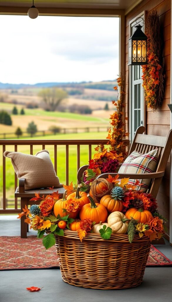A cozy fall front porch, adorned with a rustic wooden bench and a plush throw pillow. The entryway is framed by a wreath of autumn leaves, complemented by a pair of lanterns casting a warm glow. In the middle ground, a wicker basket overflows with a vibrant array of pumpkins, gourds, and seasonal florals. The background features a picturesque rural landscape, with rolling hills and a serene sky. The overall mood is one of inviting comfort and seasonal charm, perfect for welcoming guests to this charming porch.