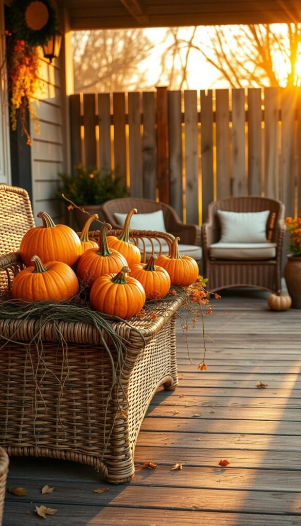 A cozy fall front porch, bathed in warm golden light from a low-angle sunset. In the foreground, a collection of vibrant orange pumpkins sit atop a woven wicker bench, their shapes and textures echoing the textured wood planks of the porch floor. Trailing vines and sprigs of autumn foliage cascade over the bench's edges, adding a lush, natural touch. In the middle ground, a pair of plush, cushioned chairs invite guests to sit and savor the crisp, autumnal atmosphere. The background features a rustic wooden fence, its weathered appearance complementing the overall earthy, organic feel of the scene. The entire composition exudes a sense of warmth, harvest, and the gentle embrace of the changing seasons. A cozy fall front porch, bathed in warm golden light from a low-angle sunset. In the foreground, a collection of vibrant orange pumpkins sit atop a woven wicker bench, their shapes and textures echoing the textured wood planks of the porch floor. Trailing vines and sprigs of autumn foliage cascade over the bench's edges, adding a lush, natural touch. In the middle ground, a pair of plush, cushioned chairs invite guests to sit and savor the crisp, autumnal atmosphere. The background features a rustic wooden fence, its weathered appearance complementing the overall earthy, organic feel of the scene. The entire composition exudes a sense of warmth, harvest, and the gentle embrace of the changing seasons.