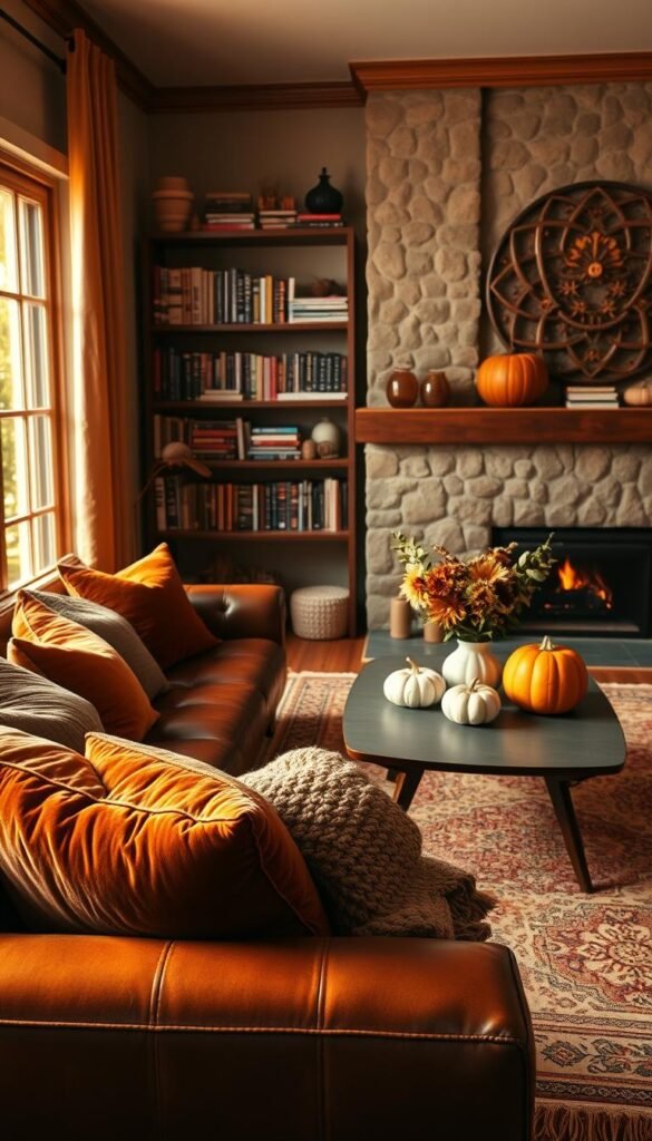 A cozy fall living room, bathed in warm golden light from a large window.