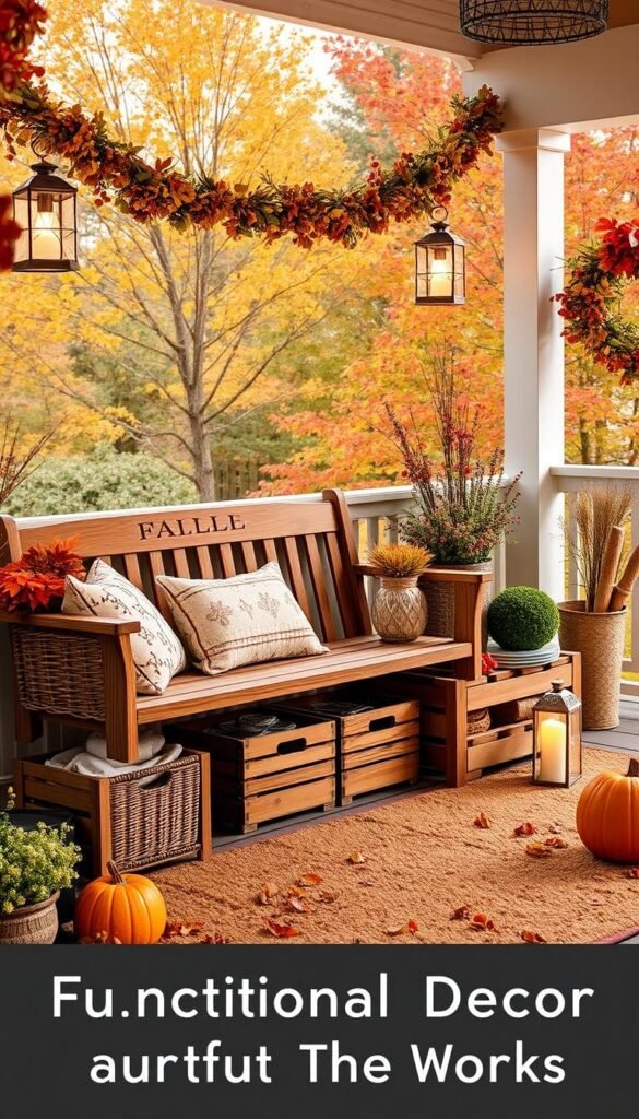 A cozy fall-themed front porch, with a rustic wooden bench serving as the focal point. Intricately woven baskets and crates are neatly arranged, providing ample storage space for seasonal decor and gardening tools. Dried floral garlands drape elegantly across the railings, complemented by the warm glow of lanterns casting a soft, inviting light. Underfoot, a plush autumnal-hued rug grounds the scene, while the background is filled with vibrant foliage in shades of gold, orange, and crimson. The overall atmosphere is one of effortless style and functional practicality, perfectly capturing the essence of "Functional Decor That Works." A cozy fall-themed front porch, with a rustic wooden bench serving as the focal point. Intricately woven baskets and crates are neatly arranged, providing ample storage space for seasonal decor and gardening tools. Dried floral garlands drape elegantly across the railings, complemented by the warm glow of lanterns casting a soft, inviting light. Underfoot, a plush autumnal-hued rug grounds the scene, while the background is filled with vibrant foliage in shades of gold, orange, and crimson. The overall atmosphere is one of effortless style and functional practicality, perfectly capturing the essence of "Functional Decor That Works."