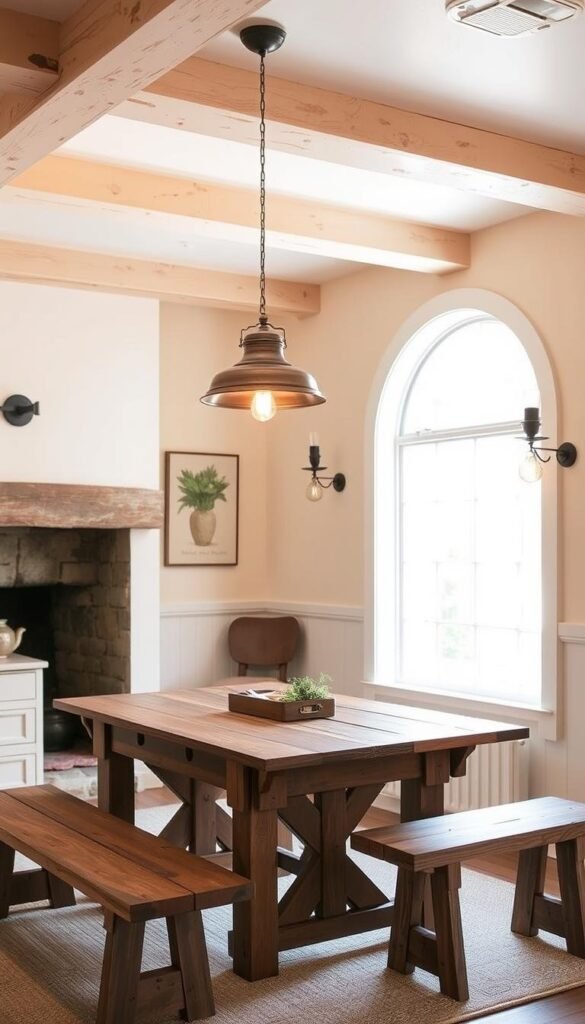 A cozy farmhouse kitchen, bathed in warm, inviting light. Antique copper pendant lamps hang above a rustic wooden table, casting a soft, golden glow across the room. The walls are painted in a soothing cream color, and vintage sconces flank a large, arched window, flooding the space with natural illumination. Exposed beams and a stone fireplace create a charming, country-chic ambiance, while a weathered wooden bench and plush area rug add texture and comfort. The overall lighting scheme strikes a perfect balance between rustic charm and modern functionality, creating a welcoming, lived-in atmosphere.