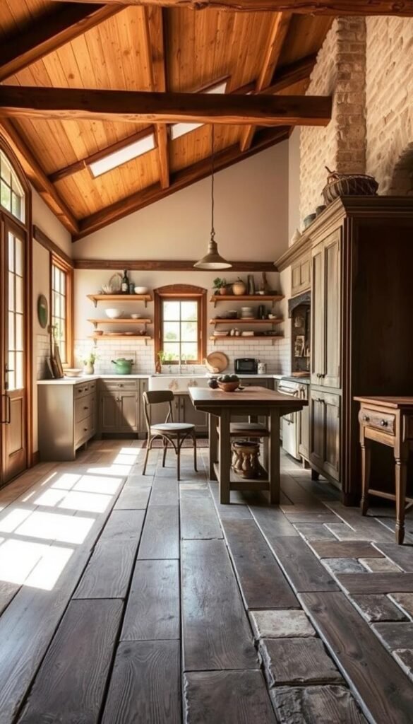 A cozy farmhouse kitchen, bathed in warm, natural light filtering through large windows. The floor, a mix of weathered wood planks and rustic stone tiles, creating a charming, lived-in feel. Varying shades of brown, gray, and muted tones blend harmoniously, complementing the vintage furnishings and exposed beams above. A subtle play of textures, from the rough-hewn wood to the smooth stone, adds depth and character to the space. The overall atmosphere is one of timeless elegance and comfortable farmhouse charm, inviting you to pause, relax, and savor the simple pleasures of life.
